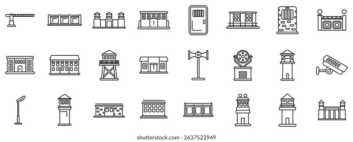  Prison building icons set. Line art icons representing various elements of prison infrastructure, including buildings, security systems, and perimeter protection measures
