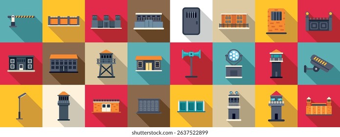  Prison building icons set. Prison security icons showing various jail elements depicting incarceration, surveillance, and confinement