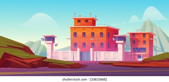 Prison Building, Jail Fenced With Strained Barbed Wire On High Wall, Searchlights On Watchtowers. Criminal Institution, Penitentiary Facade Exterior At Mountain Landscape, Cartoon Vector Illustration