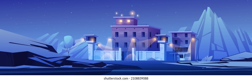 Prison Building At Night Mountain Landscape. Jail Fenced With Barbed Wire On High Wall, Glowing Searchlights On Watchtowers, Federal Criminal Institution Facade Exterior, Cartoon Vector Illustration