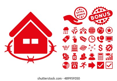 Prison Building pictograph with bonus elements. Vector illustration style is flat iconic symbols, red color, white background.