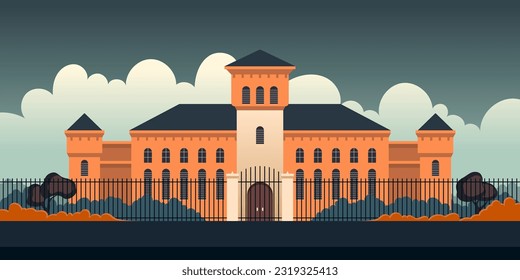 Prison building surrounded by high fence exterior. Architecture outdoor front view. Jail house with observation towers for prisoners guardness. Punishment and judgment for crime. Vector illustration