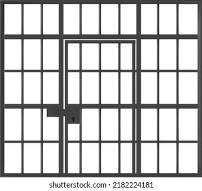 Prison cage with locked door, jail with black metal bars isolated on white background. Detailed iron fence and doorway, criminal institution grate realistic mockup, 3d vector illustration