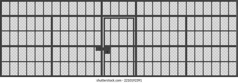 Prison cage with locked door, jail cell wall with black metal bars. Detailed iron fence and doorway, criminal institution grate isolated on transparent background, Realistic 3d vector illustration