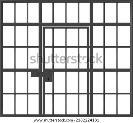 Prison cage with locked door, jail with black metal bars isolated on white background. Detailed iron fence and doorway, criminal institution grate realistic mockup, 3d vector illustration