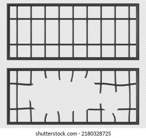 Prison cage windows with grate of metal bars. Vector realistic illustration of jail cell windows with grid of iron rods and broken grilles isolated on transparent background