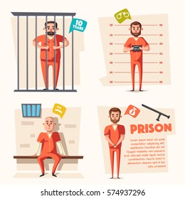 Prison. Cartoon vector illustration. Criminal in orange uniform. Arrest, tribunal and imprisonment. For posters and banners