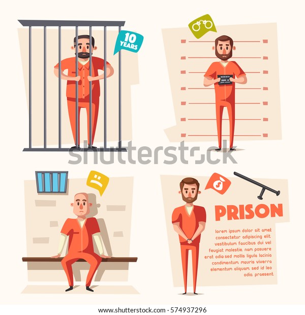 刑務所 カートーンのベクターイラスト オレンジの制服を着た犯罪者 逮捕 裁判 禁固 ポスターとバナー用 のベクター画像素材 ロイヤリティフリー