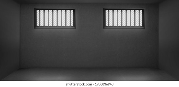 Prison cell with barred windows, empty jail interior with grey concrete walls and sun rays falling on floor. Cage for criminals and prisoners incarceration punishment. Realistic 3d vector illustration