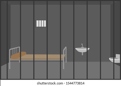Prison cell with bed and toilet. Vector illustration.