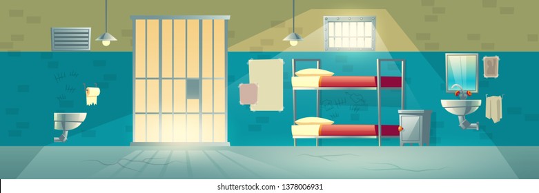 Prison Cell For Criminals. Interior With Cracked Floor, Scratched, Brick Wall, Grid Door, Bunk Beds, Washbasin, Toilet. Jail Double Room Facility For Dangerous Prisoners. Cartoon Vector Illustration.