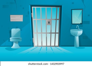 Prison cell interior with lattice, grid door,  toilet bowl, washbasin and broken mirror, dirty walls. Jail room. Cartoon vector