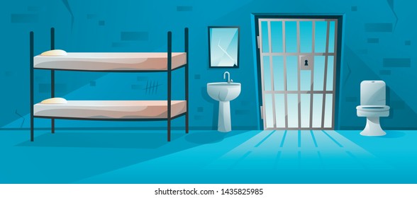 Prison cell interior with lattice, grid door , bunk bed, toilet bowl, washbasin and scratched, cracked brick walls illustration. Jail room in cartoon style
