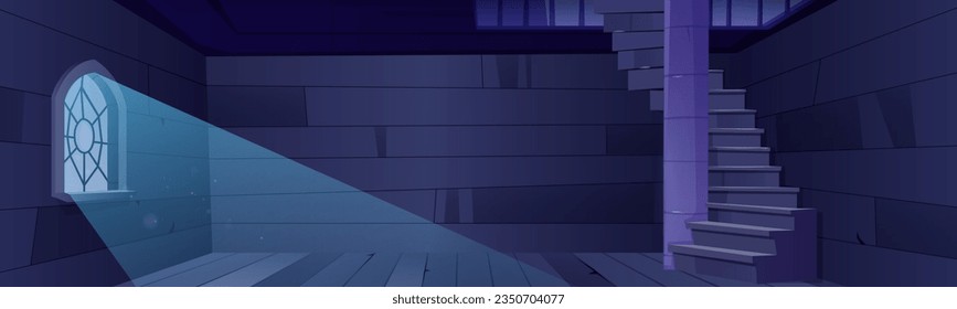 Celda de prisión en el castillo medieval por la noche. Dibujo vectorial de la habitación de piedra con escalera y suelo de madera, barras en una pequeña ventana, interior de la torre antigua, cárcel de la mazmorra espeluznante, fondo del juego