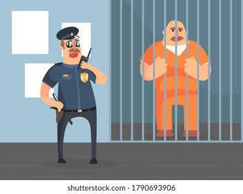 Prison Cell with Prisoner in Orange Uniform and Police Officer, Police Department Interior Vector Illustration