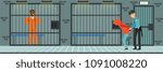 Prison cell with prisoners, policeman at work, police department interior vector Illustration in flat style