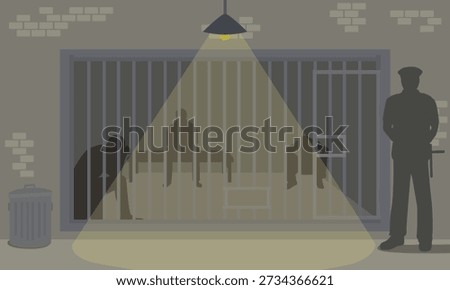 Prison cell vector illustration showing inmates silhouettes behind bars under spotlight guarded by officer