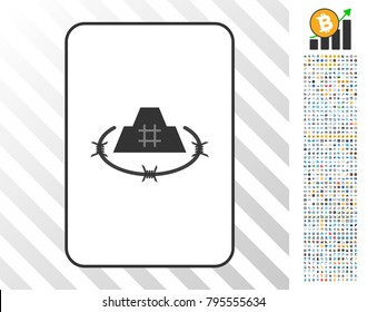 Prison Citadel playing card icon with 7 hundred bonus bitcoin mining and blockchain symbols. Flat vector style for gambling and crypto currency software.