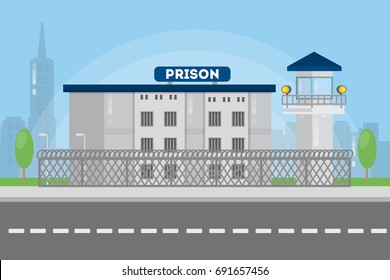 Prison city building in urban landscape with bars and tower.