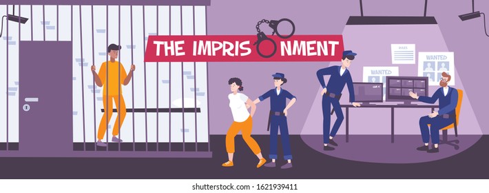 Prison composition with flat scenery of police department with characters of arrested person and police officers vector illustration