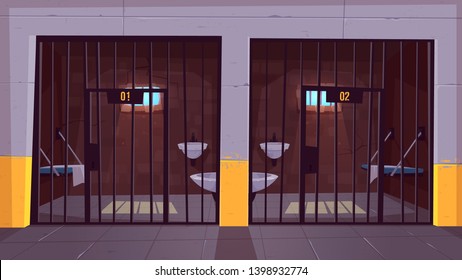 Prison corridor with two empty single cells behind steel bars cartoon vector. Jail facility interior with bunk bed, toilet bowl, washbasin and cell number on doors illustration. Imprisonment place
