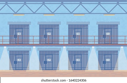 Prison Corridors with Cells Doors Interior Background. Penitentiary System or Penal Institution Building, Jail for Convicted Criminals. Punishment for Law Breaking. Flat Vector Illustration.