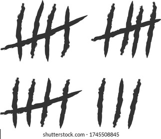 Prison counting days - Lines or sticks hand drawn with brush strokes sorted by four and crossed out - Prisoner on jail wall counter, tally marks - Isolated vector illustration