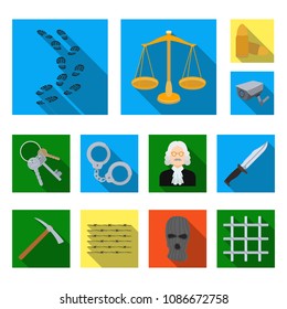 Prison and the criminal flat icons in set collection for design. Prison and Attributes vector symbol stock web illustration.