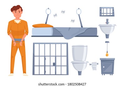 Prison elements cartoon vector set isolated on white background. Criminal man character prisoner in uniform illustration. Bed, window, prison bars, toilet bowl, sink, cabinet, lamp.