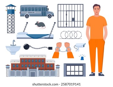 Prison elements. Observation tower, bed, prisoner, window, prison bars, toilet bowl, sink, jail cell, rat, barbed wire hands in handcuffs security camera Penitentiary system