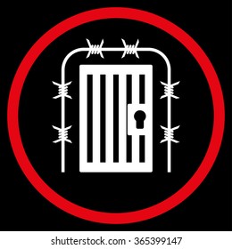 Prison Entrance vector icon. Style is bicolor flat circled symbol, red and white colors, rounded angles, black background.