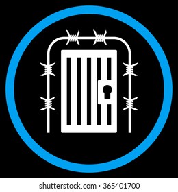 Prison Entrance vector icon. Style is bicolor flat circled symbol, blue and white colors, rounded angles, black background.