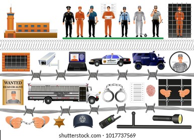 Prison equipment and uniforms. Vector illustration. Arrest and imprisonment. /Guards and prison bus. Set isolated on white