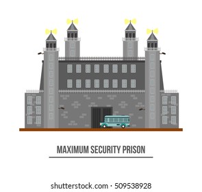 Prison exterior view or jail building with towers and barbed wire. Maximum crime security with prisoner transport vehicle or car.Jailhouse facade. Federal prison or arrest theme, building architecture