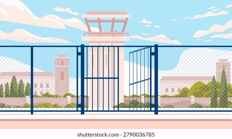 Prison facility security fence guard tower barbed wire surveillance architecture blue sky landscape legal concept
