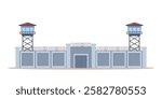 Prison fence with checkpoint, watchtower, block post, gate. Fence wire mesh barbed wire.
