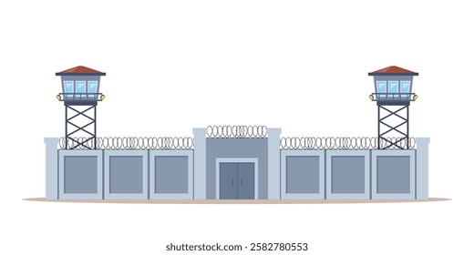 Prison fence with checkpoint, watchtower, block post, gate. Fence wire mesh barbed wire.