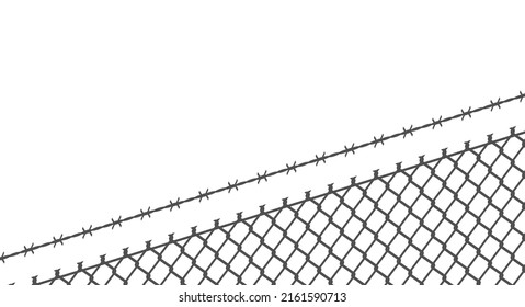 Prison fence. Netting and straight barbed wire. Flat vector illustration isolated on white background.