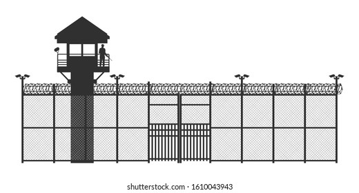 Prison fence on white background. Black silhouette of jail exterior with steel grid. Isolated gate. Symbol of freedom. Industrial scene. Vector illustration