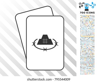 Prison Fortress playing cards icon with 700 bonus bitcoin mining and blockchain clip art. Flat vector symbols for gambling and cryptocurrency websites.