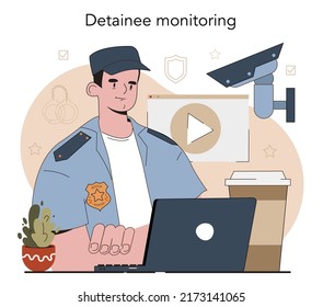 Prison guard concept. Police officer convoying angry arrested criminal in orange jumpsuit to a prison. Convict people monitoring. Flat vector illustration