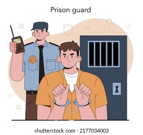Prison guard concept. Police officer convoying angry arrested criminal in orange jumpsuit to a prison. Convict people monitoring. Flat vector illustration