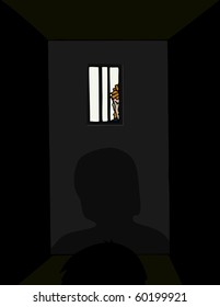 A prison guard looks at an inmate from outside a prison cell.