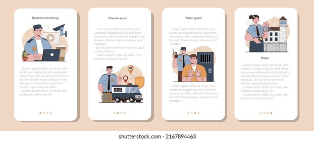 Prison guard mobile application banner set. Police officer convoying angry arrested criminal in orange jumpsuit to a prison. Convict people monitoring. Flat vector illustration