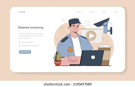 Prison guard web banner or landing page. Police officer convoying angry arrested criminal in orange jumpsuit to a prison. Convict people monitoring. Flat vector illustration