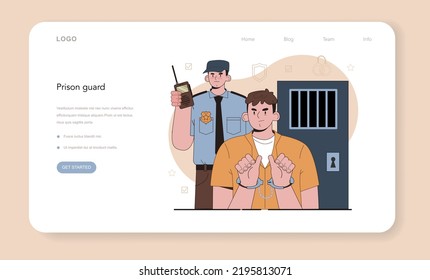 Prison guard web banner or landing page. Police officer convoying angry arrested criminal in orange jumpsuit to a prison. Convict people monitoring. Flat vector illustration