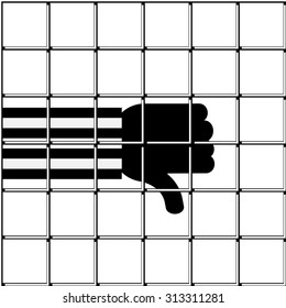 prison. Hand silhouette thumb down and iron prison lattice