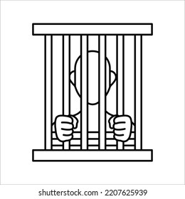 Prison icon. Hands holding prison bars. Silhouette criminal man behind bars. vector illustration on white background. 