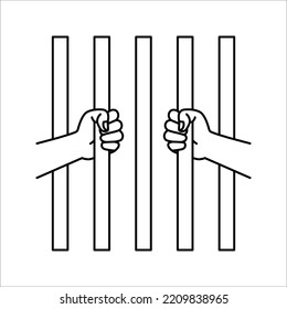 Prison icon. Hands holding prison bars. Silhouette criminal man behind bars. vector illustration on white background. 