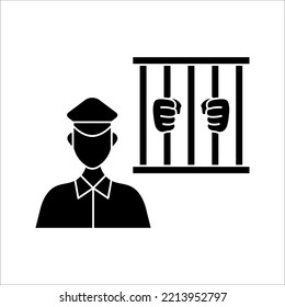 Prison icon. Hands holding prison bars. Silhouette criminal man behind bars. vector illustration on white background. 